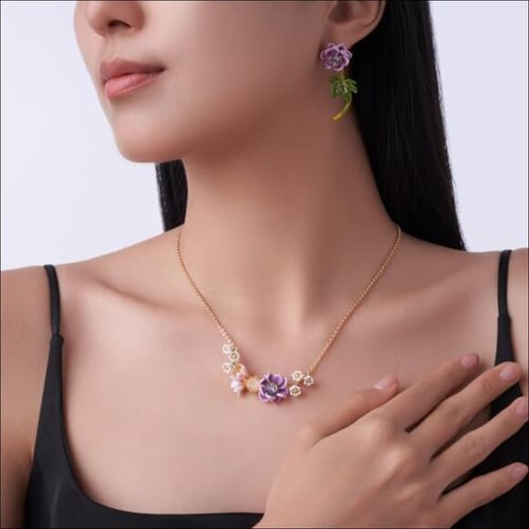 18K Gold Plated Handmade Floral Bangle and Necklace Set - Picture 2 of 7